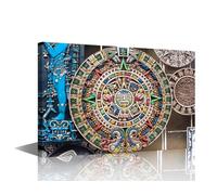 TISHIRON Canvas Wall Art for Living Room Color Mayan Calendar Modern Home Decor Aztec Solar Calendar Stone HD Printed Posters Artwork for Bedroom Office Mexico Wall Art Pictures Ready to Hang 24x16in