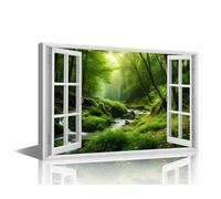 TISHIRON Canvas Wall Art for Living Room Forest Landscape 3D Window Effect Modern Home Decor River HD Printed Posters Artwork for Bedroom Office Wall Art Painting Ready to Hang, 24x16in