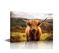 TISHIRON Canvas Wall Art for Living Room Highland Cow Scotland in a Green Field Pictures Large Animal Posters for Home Office Hotel Farmhouse Decor Ready to Hang 1 Pieces (24" Wx36 H)