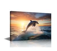 TISHIRON Canvas Wall Art For Office 1 Piece Dolphin Sunset Scenery Printing Artwork High resolution Stock Photo Of Dolphin Jumping Out Of Water Poster for Living Room Bedroom Wall Decor (16" Wx24 H)