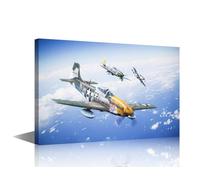 TISHIRON Canvas Wall Art Living Room Décor Flying Fighter Adornment Art Prints Navy Blue Artwork Wall Decor P-51 Mustang Aircraft Picture Posters Home Decor for Bedroom Office Ready to Hang 18x12 in