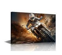 TISHIRON Canvas Wall Art Motocross Decor - Intense Dirt Bike Rider in Dynamic Dust Storm During Race Framed Painting, Ready to Hang Sports Print for Bedroom Bar Wall 24x16 in