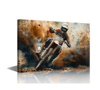 TISHIRON Canvas Wall Art Motocross Poster - Agile Dirt Bike Riders Navigating Extreme Course with Dust Cloud, Framed Print for Living Room Bedroom Sports Decor 24x16 in