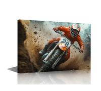 TISHIRON Canvas Wall Art Motocross Poster - Dynamic Dirt Bike Racing Through Mud with Expert Control Framed Print for Living Room Bedroom Wall Decor 24x16 in