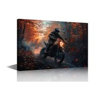 TISHIRON Canvas Wall Art Motorcycle Poster - Midnight Forest Ride During Autumn Season Profile View, Framed Atmospheric Print for Man Cave Bar Wall Decor 24x16 in