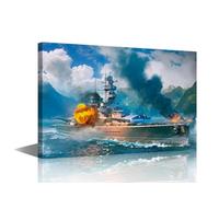 TISHIRON Canvas Wall Art Navy Blue Battleship Painting, World War II Military Picture for Living Room Office, Framed Historic Warship Prints Ready to Hang, Maritime Ocean Sea Decoration, 18x12 in