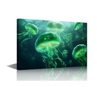 TISHIRON Canvas Wall Art of Neon Jellyfish - Framed & Ready to Hang Striking Underwater Scene - Eye-Catching Ocean Themed Decor for Home, Office or Beach House Style 36x24 in