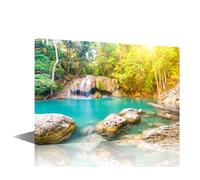 TISHIRON Canvas Wall Art Panorama of Tropical Landscape Forest Waterfall Scenery Erawan National Park Nature Contemporary Home Decor Ready to Hang (40X60CM)