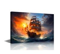 TISHIRON Canvas Wall Art Print Ghost Pirate Ship Wall Art for Bedroom Epic Maritime Battle in Watercolor Wall Decor Art Paintings Foggy Modern Giclee Artwork for Office Ready to Hang 18x12 in