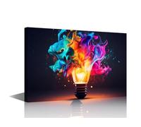 TISHIRON Canvas Wall Art Prints Creative Light Bulb with Colorful Paint Interior Room Painting 1 Piece Framed Canvas Art Brainstorming Concept Picture Artwork for Home Office Decoration 12x18 Inch