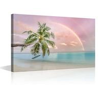 TISHIRON Canvas Wall Art Summer Ocean Coconut Trees on Sands Beach Panoramic Seascape Scenery Painting Canvas Artwork Sea Nature Picture for Home Office Wall Decor Framed Ready to Hang (16X24in)
