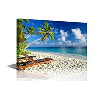TISHIRON Canvas Wall Art Summer Ocean Coconut Trees on Sands Beach Panoramic Seascape Scenery Painting Canvas Artwork Sea Nature Picture for Home Office Wall Decor Framed Ready to Hang (12X8in)