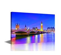 TISHIRON Canvas Wall Art Westminster Bridge and River Thames London UK Nignt Canvas Art Wall Decor Cityscape Wall Art for Living Room Modern Artwork Framed Ready to Hang(18" Wx 12" H)