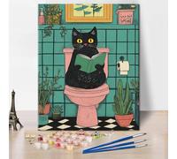 TISHIRON Cat Paint by Numbers Kit for Adults Beginners DIY Cat Reading Toilet Paint by Numbers Kits on Canvas Oil Painting Kit for Adults Drawing Paintwork Home Wall Decor Without Frame 16x20 Inch