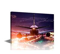 TISHIRON Cityscape at Night Artwork Airplane at Airport Pictures Black Art Painting for Living Room 1 Piece Canvas Prints Modern House Decor Giclee Stretched Framed Ready to Hang(24" Wx36 H)