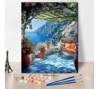 TISHIRON Coastal Scenery Paint by Numbers for Adults, Amalfi Coast DIY Oil Painting for Adults, Italy Town Seascape Acrylic Paint by Numbers Kits on Canvas 16"x20"(Frameless)