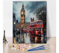TISHIRON Color by Number for Adults Beginner - London Rain Scene with Big Ben and Red Double Decker Bus, Cityscape Painting by Numbers Kit for Adults, Relaxing Arts and Crafts, 16x20 Inch