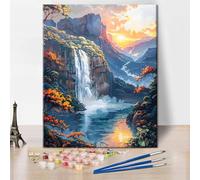 TISHIRON Color by Number for Adults, Paint by Numbers Kit for Adult - Waterfall Cascading Through Mountainous Landscape at Sunset, DIY Adult Painting Kits, Relaxing Arts and Crafts, 16x20 Inch