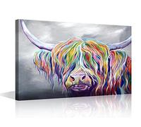 TISHIRON Colorful Bull Animal Canvas Oil Painting Wall Art Decor Modern Home Decor Canvas Print for Home Living Room Posters Prints Framed Ready to Hang - 24" W x 36" H