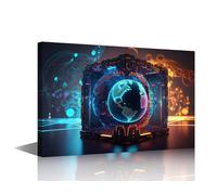 TISHIRON Concept Wall Art 1 Piece Neon Colorful Global World in Cyber Space Canvas Print Art for Bedroom Living Room Decorations, Cyber Space 3D Artwork Posters and Prints Ready to Hang, 36" Wx24 H