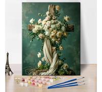 TISHIRON Cross Paint by Number, Elegant Floral Cross and White Roses Adults' Paint-by-Number Kits, Flowers DIY Oil Painting with Brushes and Pigment, Roses Paint by Numbers, 16x20 Inch (Frameless)