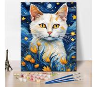 TISHIRON Cute Cat Paint by Numbers for Adults Beginner,Cat on a Blue Starry Sky Background with Oil Painting Style Tulips Canvas Paintting by Numbers Kits for Home Decor 16 * 20 inch
