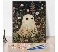 TISHIRON Cute Ghost Paint by Numbers for Adults Beginner Acrylic Paint by Number Cute Ghost with Flowers Halloween Art Canvas for Painting Drawing for Gift House Wall Decor 16x20 Inch Without Frame