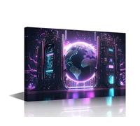 TISHIRON Cyber Space Wall Art 1 Panel Neon Colorful Global World in Cyber Space Pictures Posters for Living Room Decorations, Concept Artwork Wooden Framed Gallery-Wrapped Ready to Hang, 24" Wx16 H