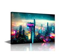 TISHIRON Cyberpunk Bar Decor City Night Neon Streetview Paintings Future City Pictures Modern Artwork 1 Piece Canvas Wall Art Bedroom House Decor Framed Posters and Prints Ready to Hang 18x12 in
