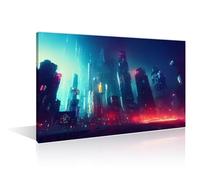 TISHIRON Cyberpunk City Pictures Office Decor 1 Pieces Cyberpunk Neon City Night Wall Decor for Living Room Fantastic City of the Future Modern Artwork Framed Ready to Hang (24" Wx36 H)