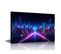 TISHIRON Cyberpunk Home Decor Neon Mega City Wall Art for Living Room Future Modern Building Canvas Wall Art Posters & Prints Pictures for Bedroom Framed Ready to Hang (12''Wx18''H)