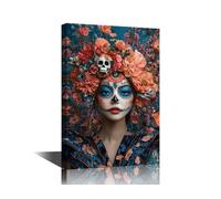 TISHIRON Day of the Dead Home Wall Decor Skeleton Girl Wall Decorations Flowers and Skull Girl Wall Art for Living Room Contemporary Home Decor Art Prints Stretched Framed Ready to Hang (16" Wx24 H)