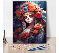 TISHIRON Day of The Dead Paint by Numbers for Adults - Girl With Sugar Skull Makeup, Anime Style DIY Kit 16x20 Inch Without Frame for Home Decor