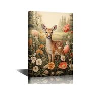 TISHIRON Deer in the Forest with Flowers Wall Art Small Deer Watercolor Print Artwork Canvas with Frame Ready to Hang Nature Picture Frames Collage Wall Decor 12" Wx18 Hx1 Panel