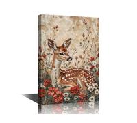 TISHIRON Deer with Flowers Framed Wall Art for Living Room Animal Theme Canvas Art Prints Colorful Flowers Artwork for Walls Deer Poster With Wooden Frame Ready to Hang 16" Wx24 Hx1 Panel