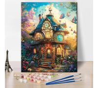 TISHIRON DIY Paint by Number for Beginner Fantasy Fairy House Oil Painting Set Adults House and Flowers Paint by Numbers Kits for Adults Drawing Kit Paints and Brushes 16x20 Inch Without Frame