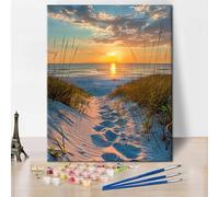 TISHIRON DIY Paint by Numbers for Adults with Brushes Sand, Grass, and Ocean Waves Oil Hand Painting Seaside Sunset Adult Paint by Number Paint by Number Kits on Canvas Art Crafts 16"x20"(Frameless)