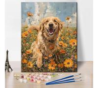 TISHIRON DIY Paint by Numbers Golden Retriever Playing Paint by Number for Adults with Paintbrushes Field of Wildflowers Painting by Numbers Kits on Canvas Art Crafts - 16"x20"(Frameless)