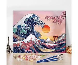 TISHIRON DIY Paint by Numbers Ocean Kanagawa Waves Sunset Great Wave with Paint Brushes and Acrylic Painting Kit 16x20 Inch for Kids and Adults Beginner Gifts Frameless