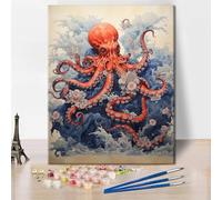 TISHIRON DIY Paint by Numbers - Octopus with Tentacles and Flowers in Ocean Scene, Adults Beginner, 16x20 inch Canvas