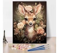 Tishiron DIY Painting Kit for Adults - Cute Deer with Flowers, 16X20 Inch Frameless Canvas Art by Numbers