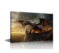 TISHIRON Dragon King Roar Wall Art for Men Boys Bedroom Bar Club Pub Wall Decor Animals Framed Canvas Art Pictures House Deocrations for Living Room Office Framed Ready to Hang - 24x16in