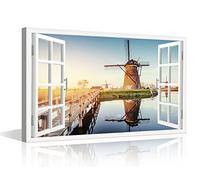 TISHIRON Dutch Windmills View 3D Window Effect Canvas Art Seaside Landscape Wall Art Canvas Prints Decor Posters for Living Room Bedroom Posters Prints Framed Ready to Hang - 24" W x 16" H