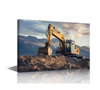 TISHIRON Excavator Canvas Wall Art Bedroom Wall Decor Excavator on top of a Dirt Mound Pictures Posters & Prints Framed Wall Art Giclee Wooden Framed Gallery-Wrapped Ready to Hang (16" Wx24 H)