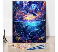 TISHIRON Fantasy Ocean Paint by Numbers for Adults, Marine Animals Paint by Number on Canvas, Sharks DIY Painting by Numbers for Gift Home Wall Decor 16"x20"(Frameless)