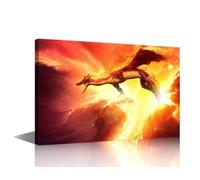 TISHIRON Fantasy Wild Animal Wall Art Fire-breathing Dragon Canvas Painting 1 Piece Fire Dragon Pictures Living Room Norse Home Rustic Decoration Framed Ready to Hang 24x16in