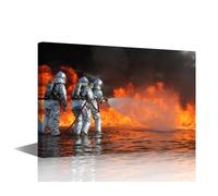 TISHIRON Firefighter Wall Decor Fireman Hero Canvas Painting Rustic Wall Decor Firefighters Fighting Fires Poster Home Decorations for Living Room Office Framed Gallery-Wrapped Ready to Hang 18x12 in