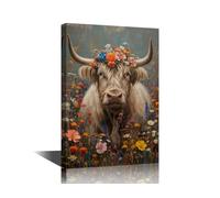 TISHIRON Flowers and Cow Wall Art for Living Room Large Size Colorful Cattle Office Wall Decor Flowers Cattle on His Head Canvas Prints Modern Artwork for Bedroom Framed Ready to Hang 18x12in