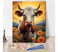 TISHIRON Flowers Paint by Numbers Cow in a Flower Field with Yellow Flowers Paint by Number Kits On Canvas with Brushes and Pigment for Wall Decoration, Oil Painting, 16x20 Inch, Frameless