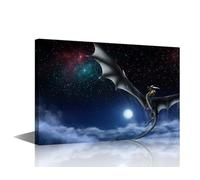 TISHIRON Flying Dragon Canvas Wall Art Pterodactyl Wall Art for Living Room Moon Pictures for Bedroom Landscape Modern Home Decor Office Bathroom Decorations Artwork Framed Ready to Hang, 12x8in